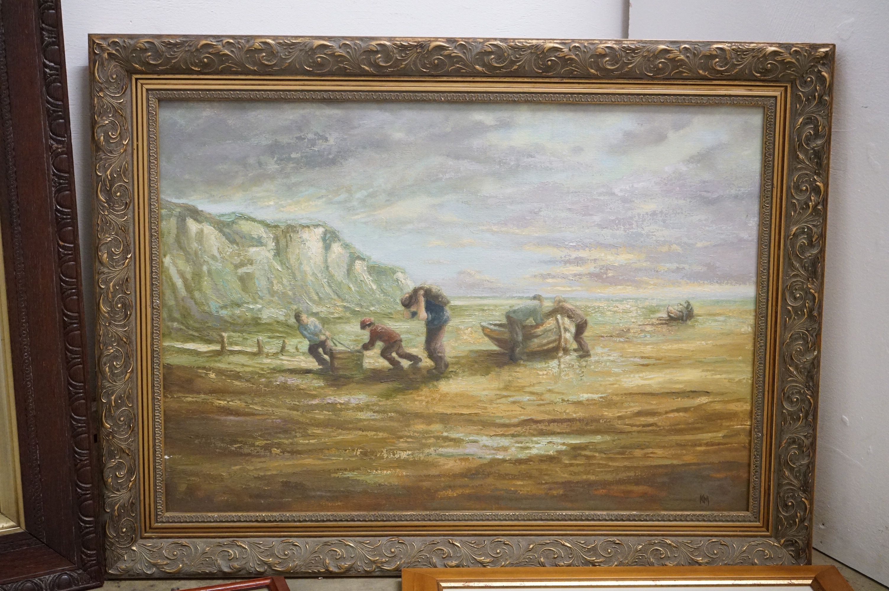 Oil on Board of Folk bring rowing boats to shore signed KM, 44cm x 64cm, Landseer Print ' - Image 6 of 6