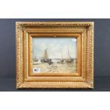 Contemporary Oil Painting of Victorian figures on a Beach with sailing boats, 18cm x 23cm, framed