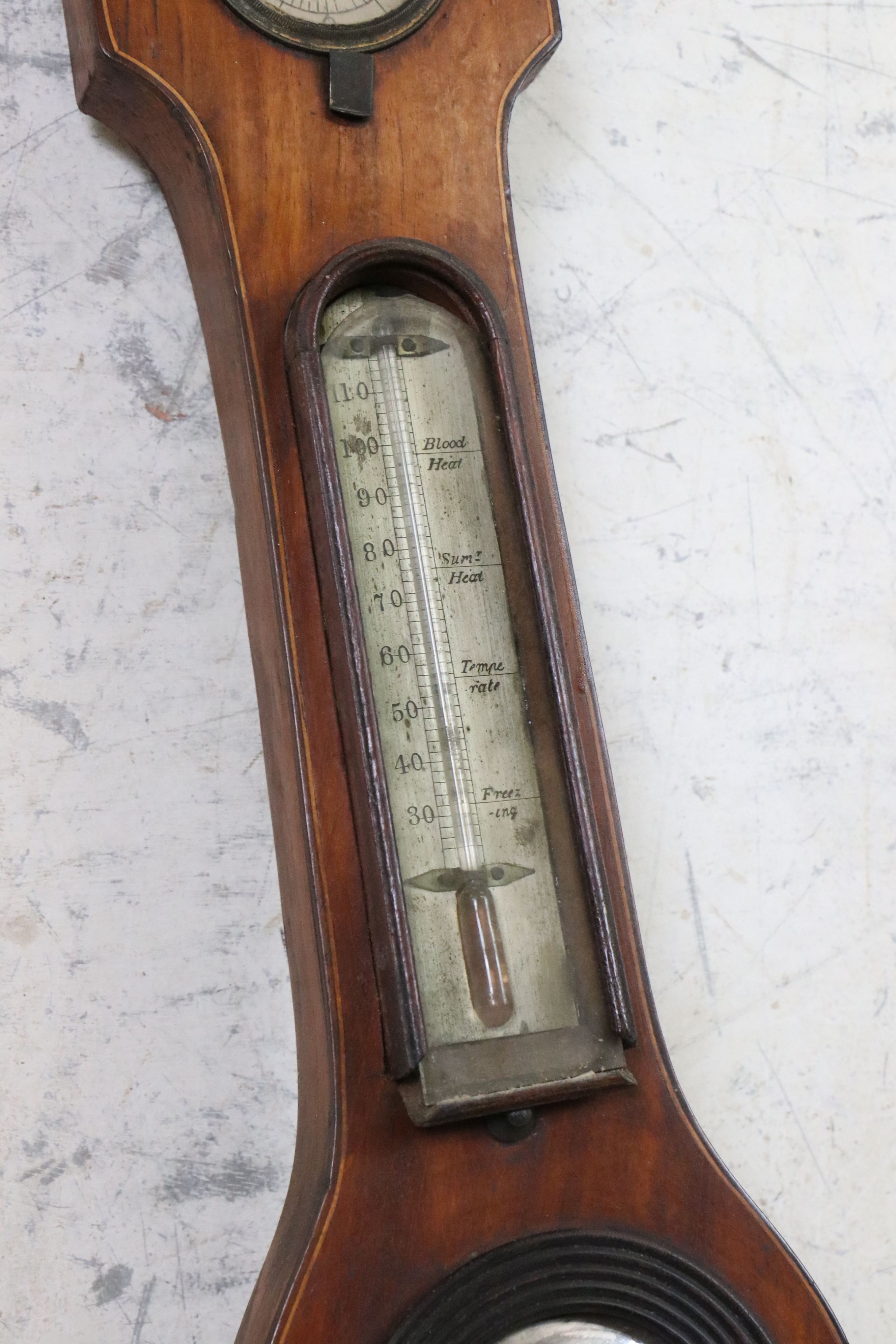 19th century Mahogany Wheel Barometer with hygrometer, thermometer, convex mirror and spirit bubble, - Image 2 of 6