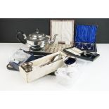 A box of mixed silver plate to include cased cutlery sets, teapot, cruet set, christening set...etc.