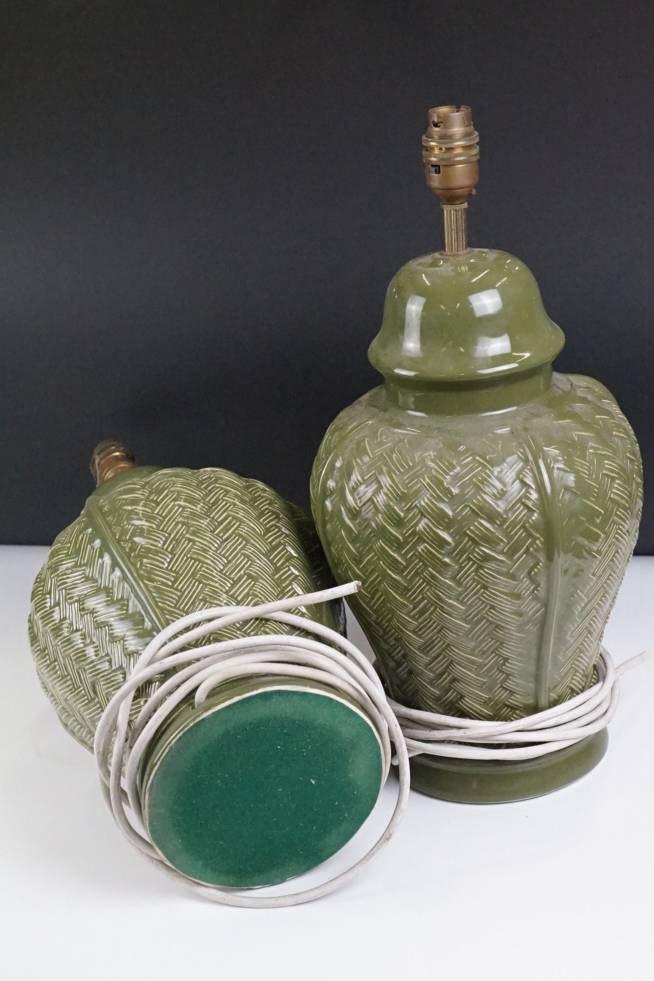 Pair of Green Glazed Baluster-shaped Table Lamps with moulded basket weave pattern, 40cm high with - Image 5 of 5