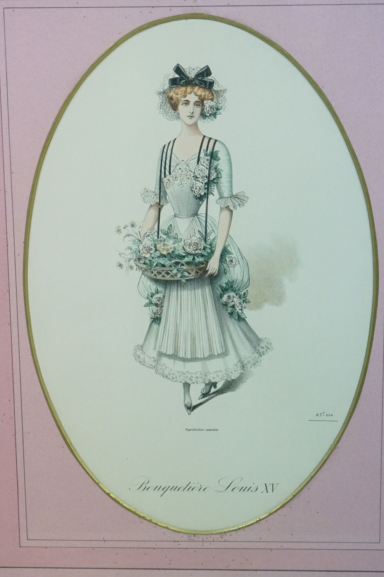 Set of Four French Oval Fashion Prints, 42cm x 28cm, in matching pink mounts, framed and glazed - Image 4 of 5