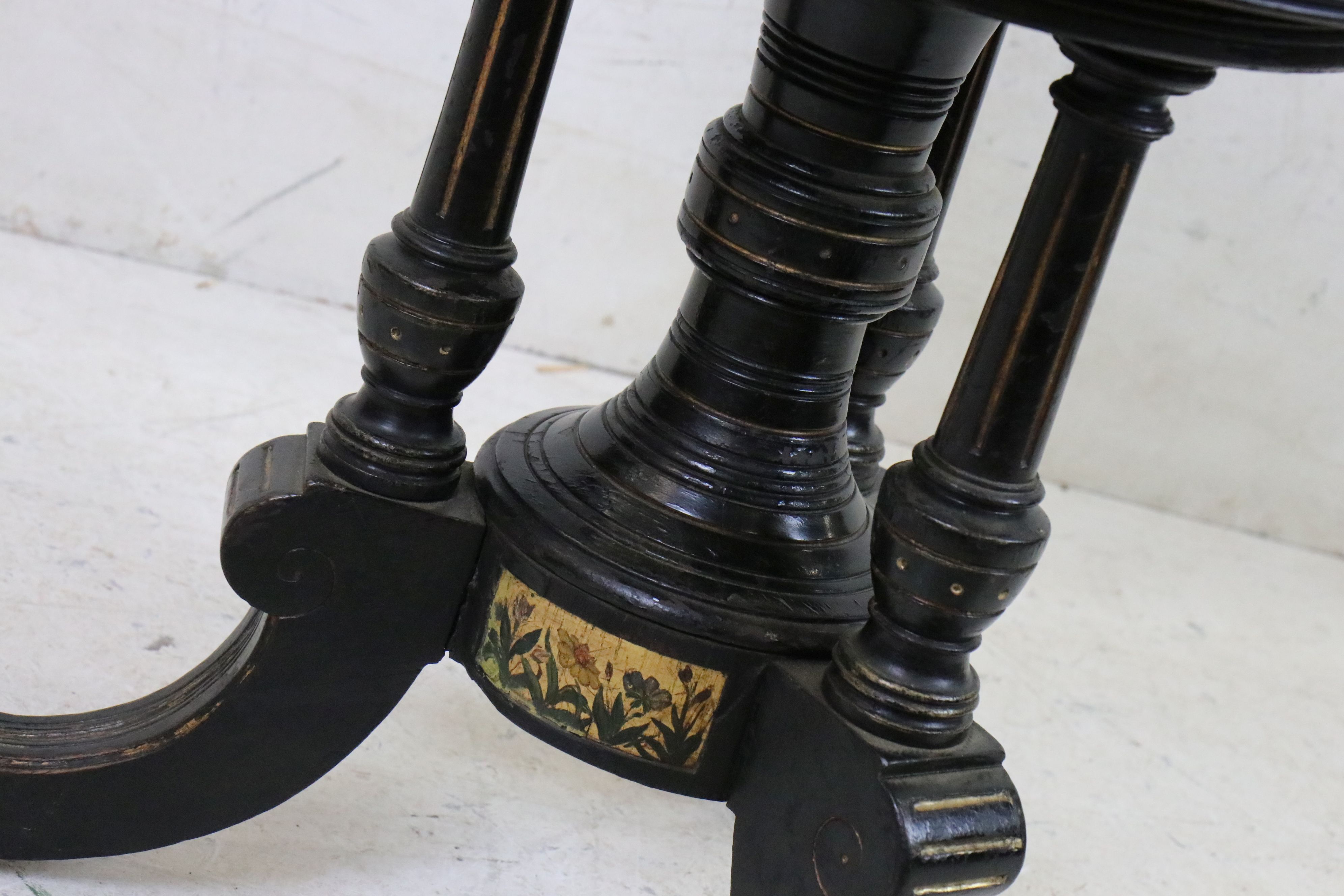 Victorian Aesthetic Movement Ebonised Revolving Piano Stool with green upholstered seat, 35cm - Image 5 of 6