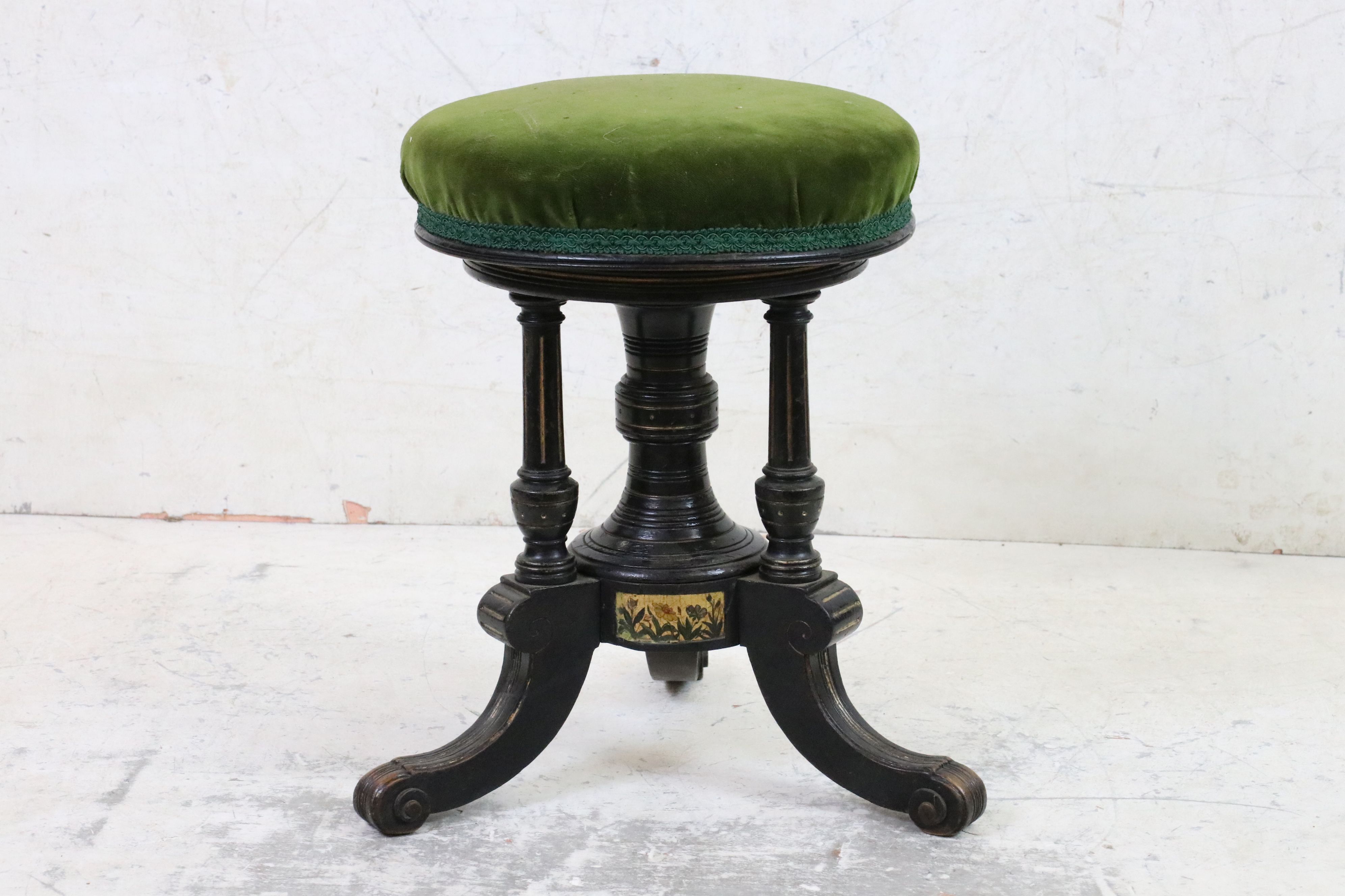 Victorian Aesthetic Movement Ebonised Revolving Piano Stool with green upholstered seat, 35cm