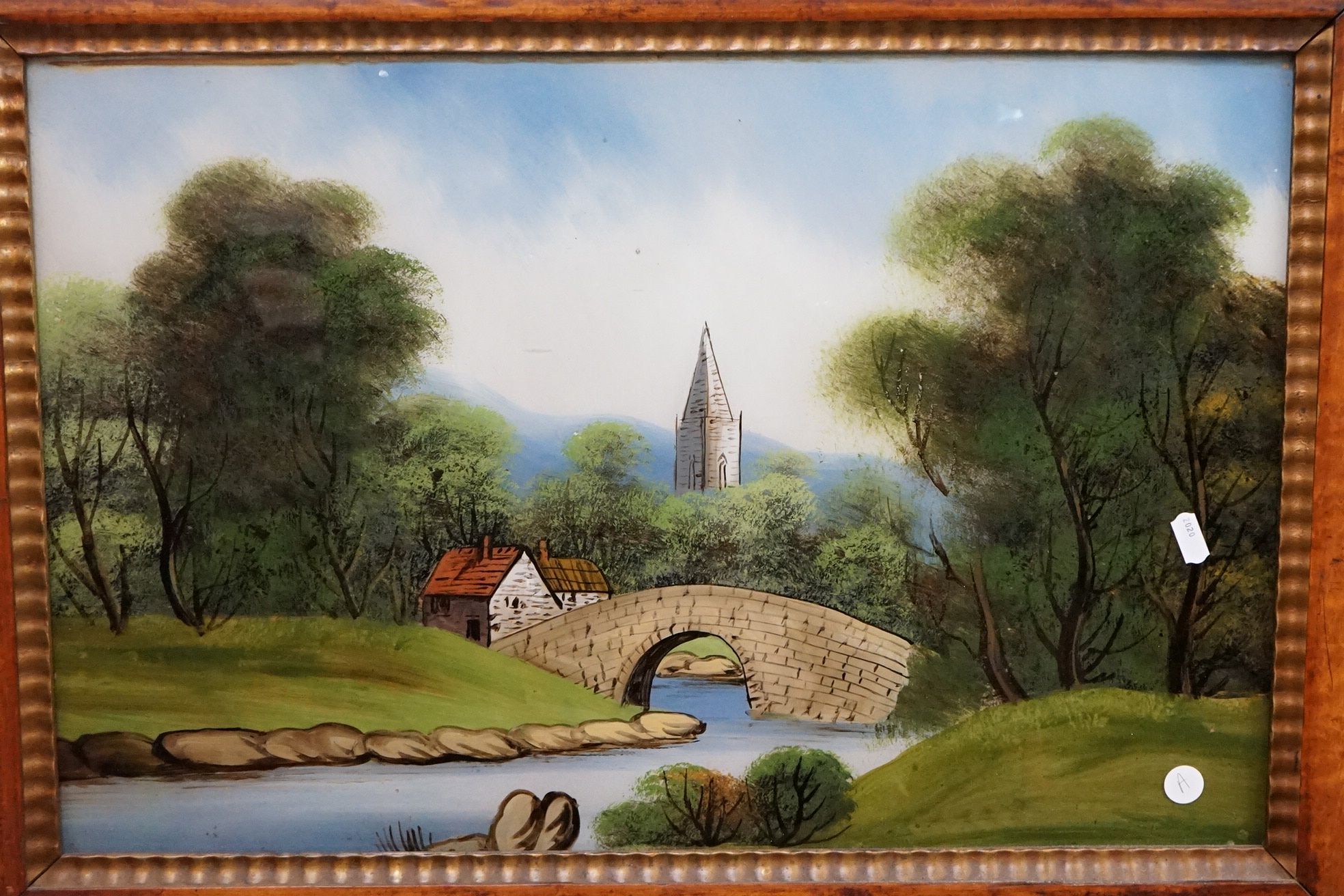 Six Victorian Reverse Painted Glass Landscape Pictures, largest 40cm x 60cm, all framed - Image 5 of 7