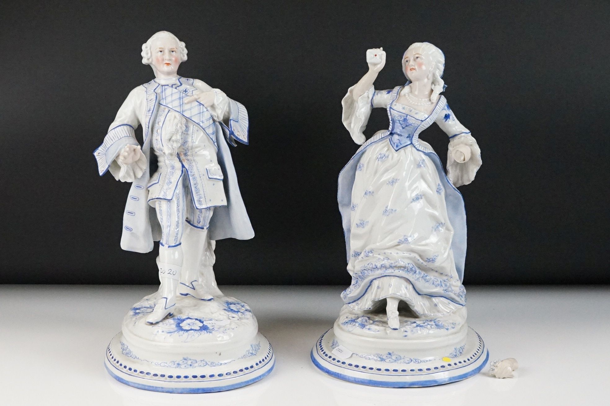 Pair of late 19th Century Continental porcelain figures depicting an 18th century lady and