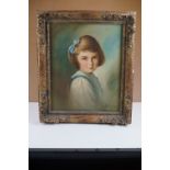 Oil Painting Portrait of Canvas of a Young Girl with a blue bow in her hair, indistinctly signed and