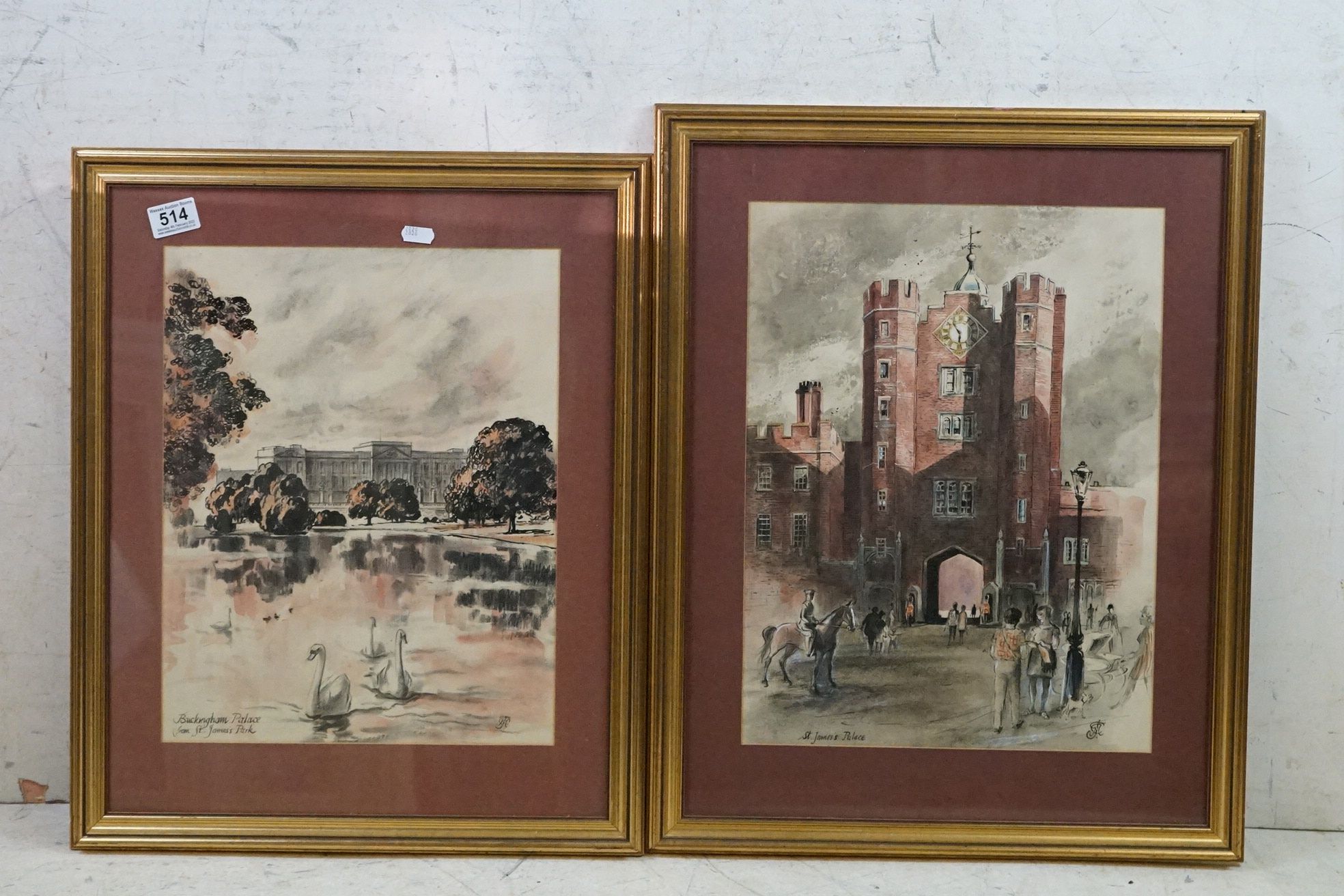 Pair of 20th century Watercolours of St James's Palace and Buckingham Palace from St James's Park