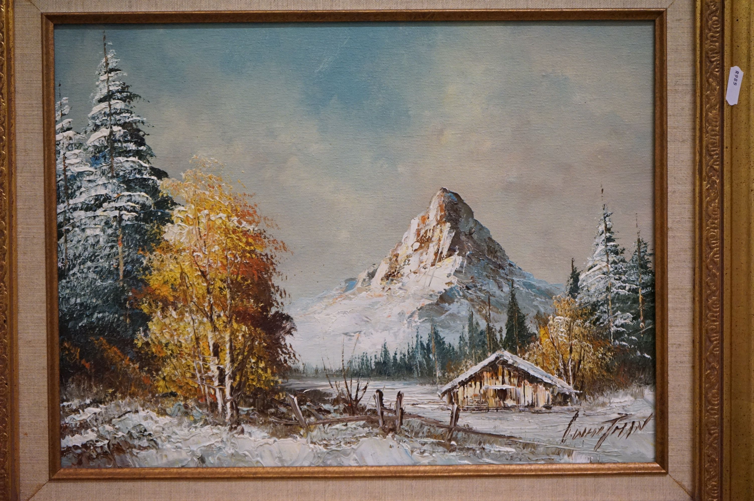 Two Oil on Canvas Alpine landscape scenes depicting lakeside huts and woodland, one being an - Image 2 of 7