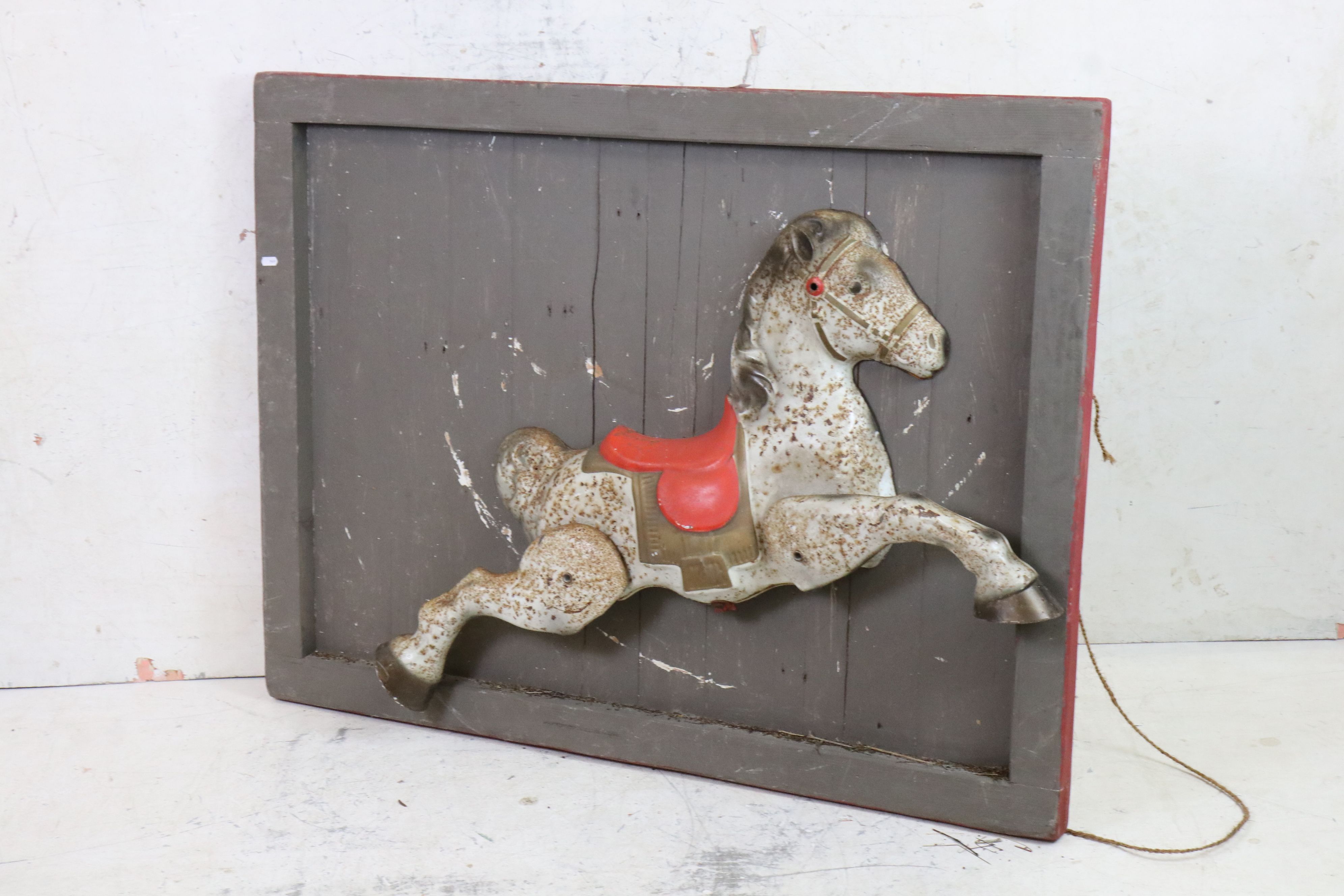 Painted Wooden Board mounted with a cross-section of a Mobo Rocking Horse, 119cm x 90cm