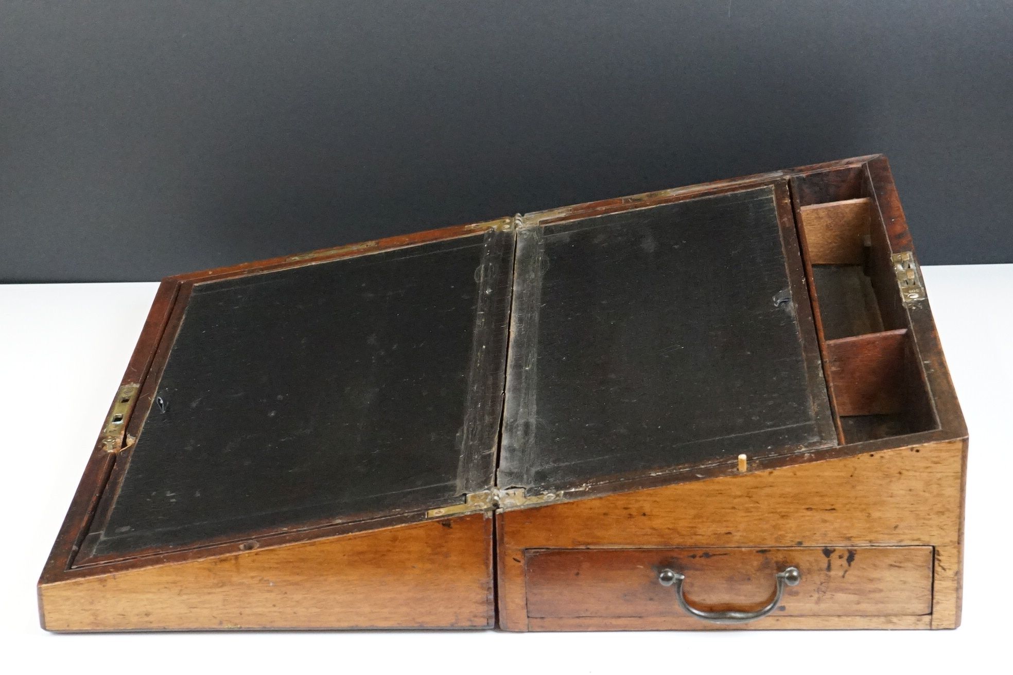 19th Century mahogany writing box of rectangular form, with 'secret' drawer to one end with brass - Image 2 of 8