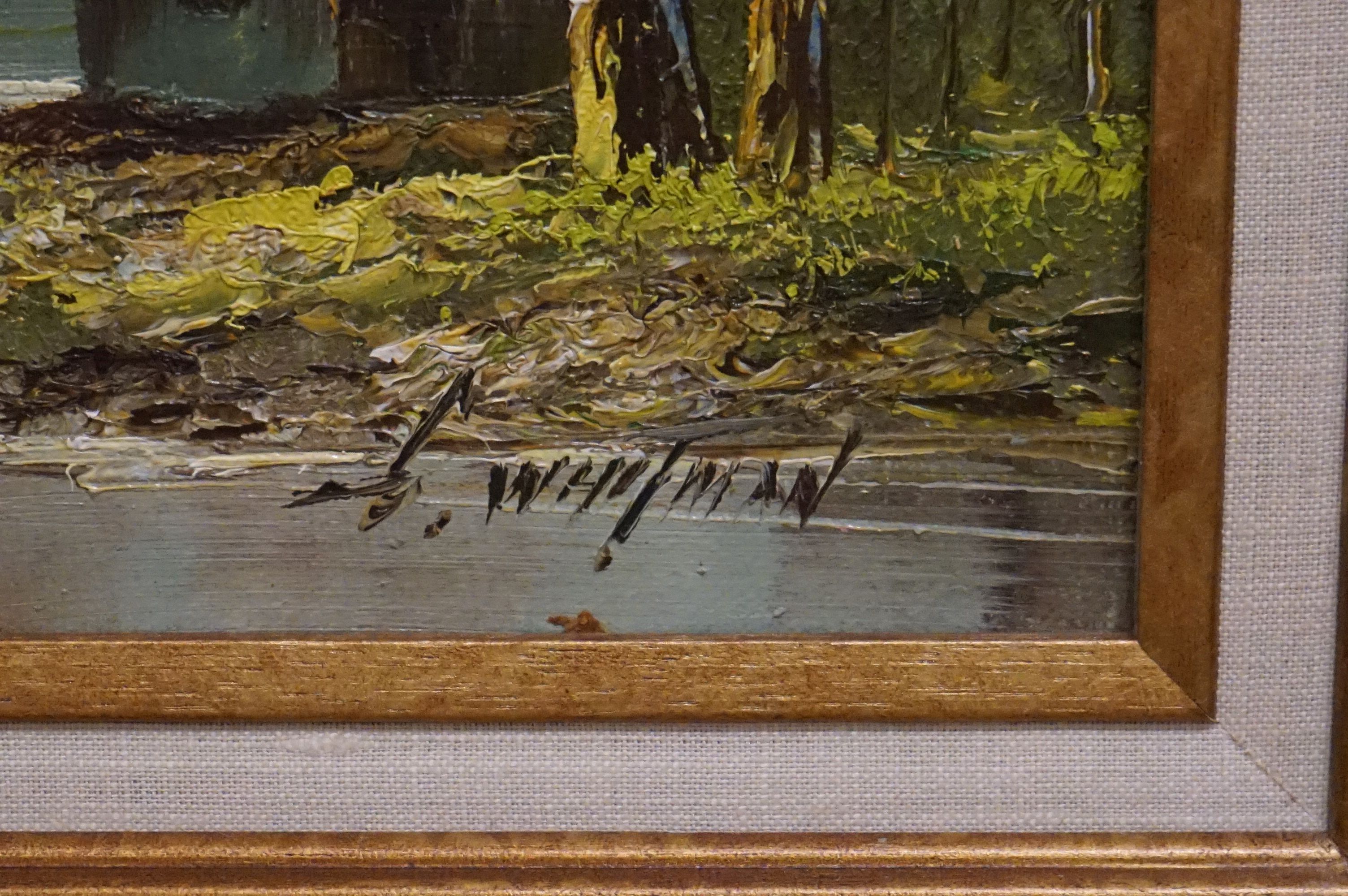 Two Oil on Canvas Alpine landscape scenes depicting lakeside huts and woodland, one being an - Image 5 of 7