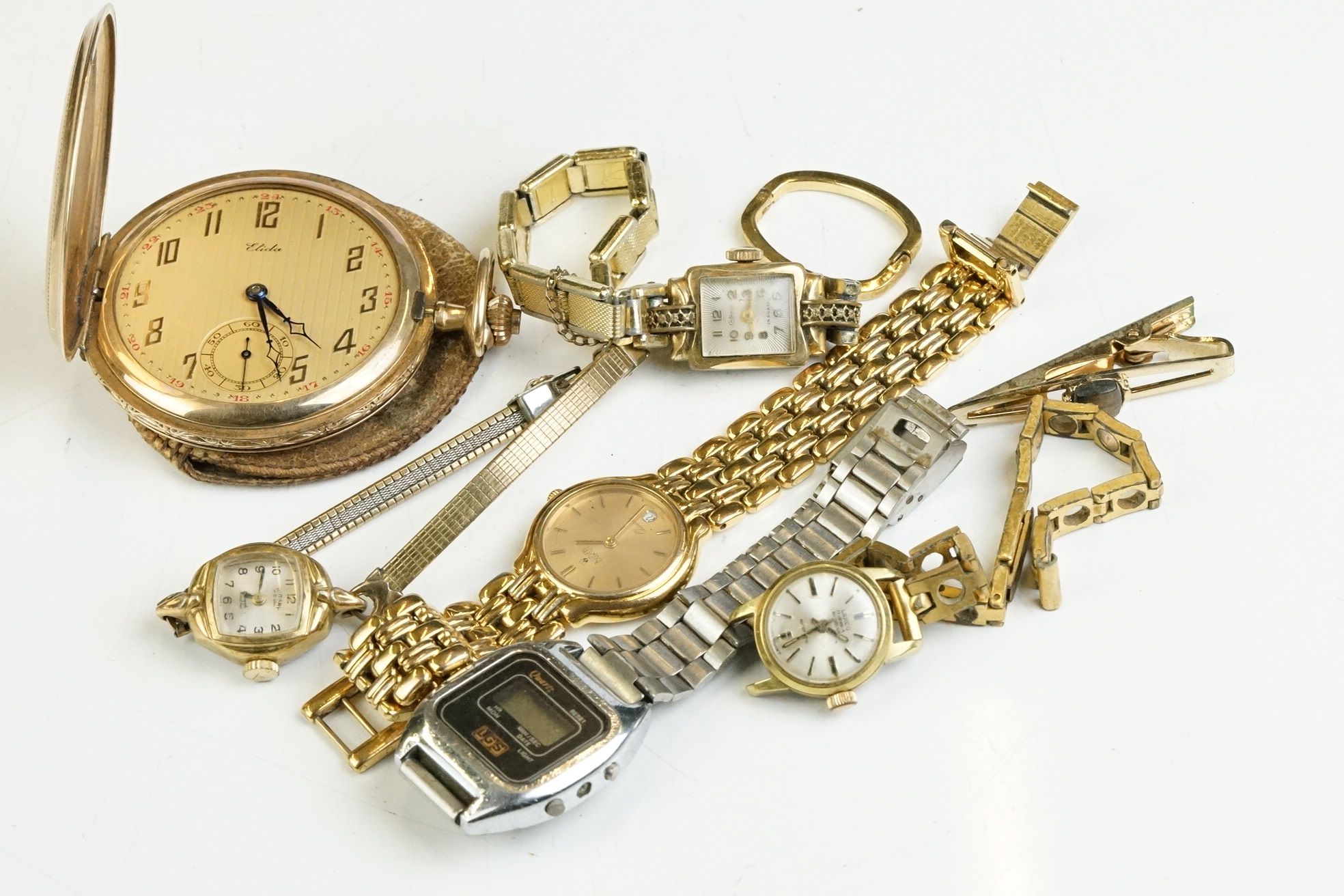 A small collection of ladies wristwatches together with a gold plated full hunter pocket watch.