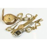 A small collection of ladies wristwatches together with a gold plated full hunter pocket watch.