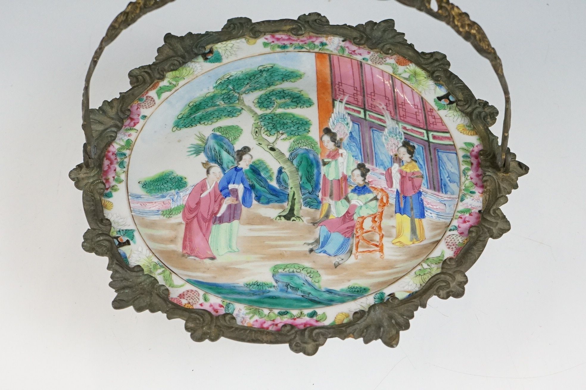 Chinese Famille Rose plate depicting a figural scene, with floral border, in gilt metal mount with - Image 9 of 18