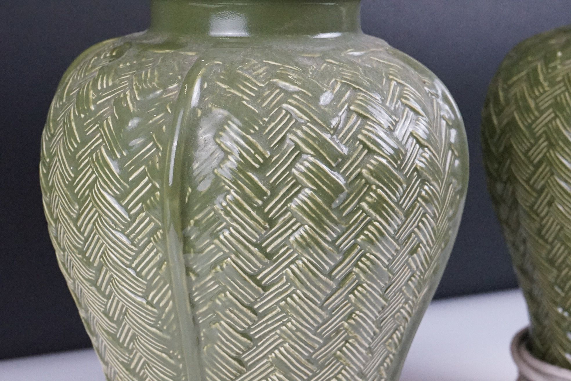 Pair of Green Glazed Baluster-shaped Table Lamps with moulded basket weave pattern, 40cm high with - Image 3 of 5