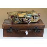 Two vintage suitcases to include a brown leather example together with a decoupage example