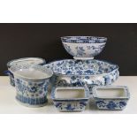 Group of blue & white ceramics to include a Chinese twin-handled planter with temple and Koi Carp