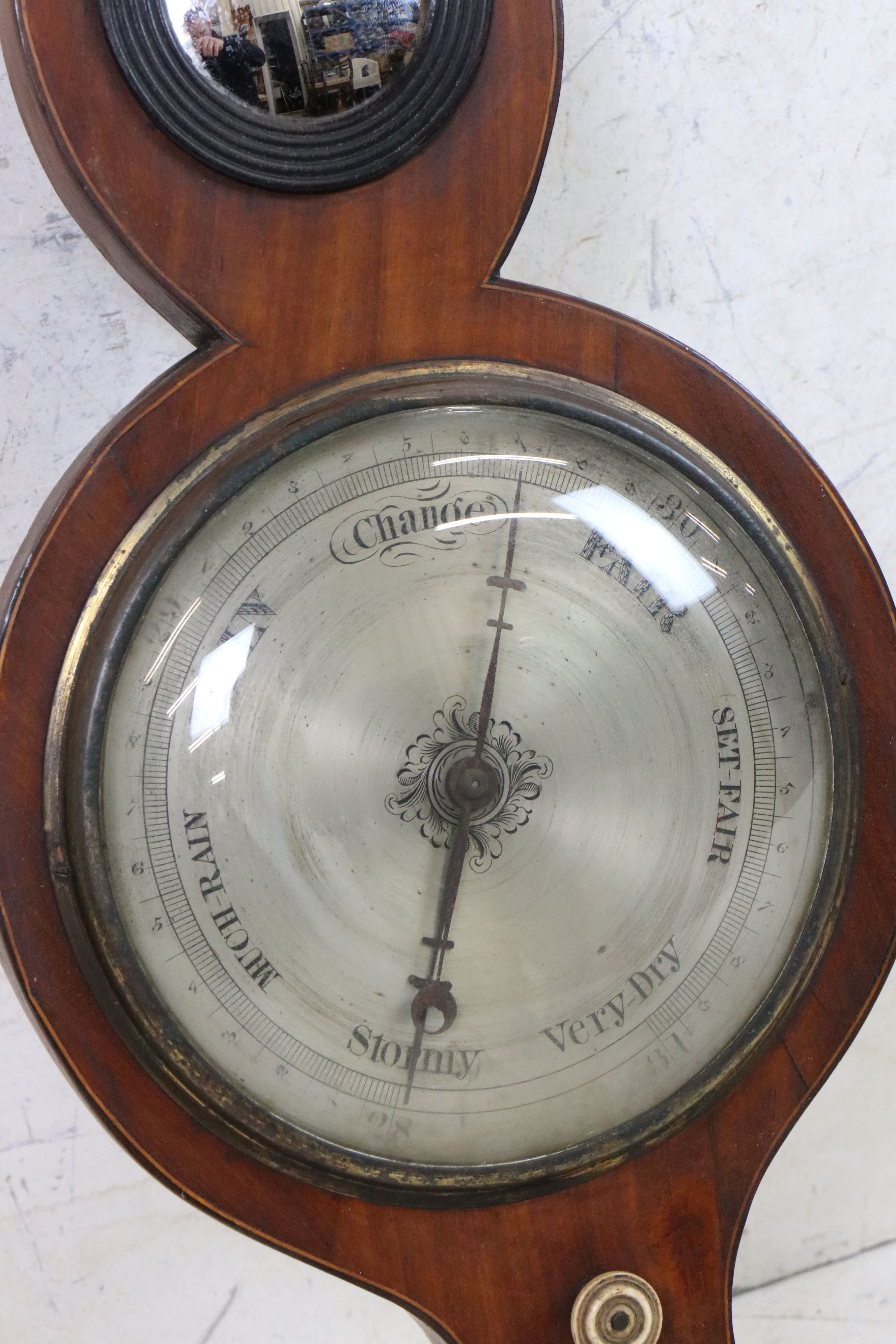 19th century Mahogany Wheel Barometer with hygrometer, thermometer, convex mirror and spirit bubble, - Image 3 of 6