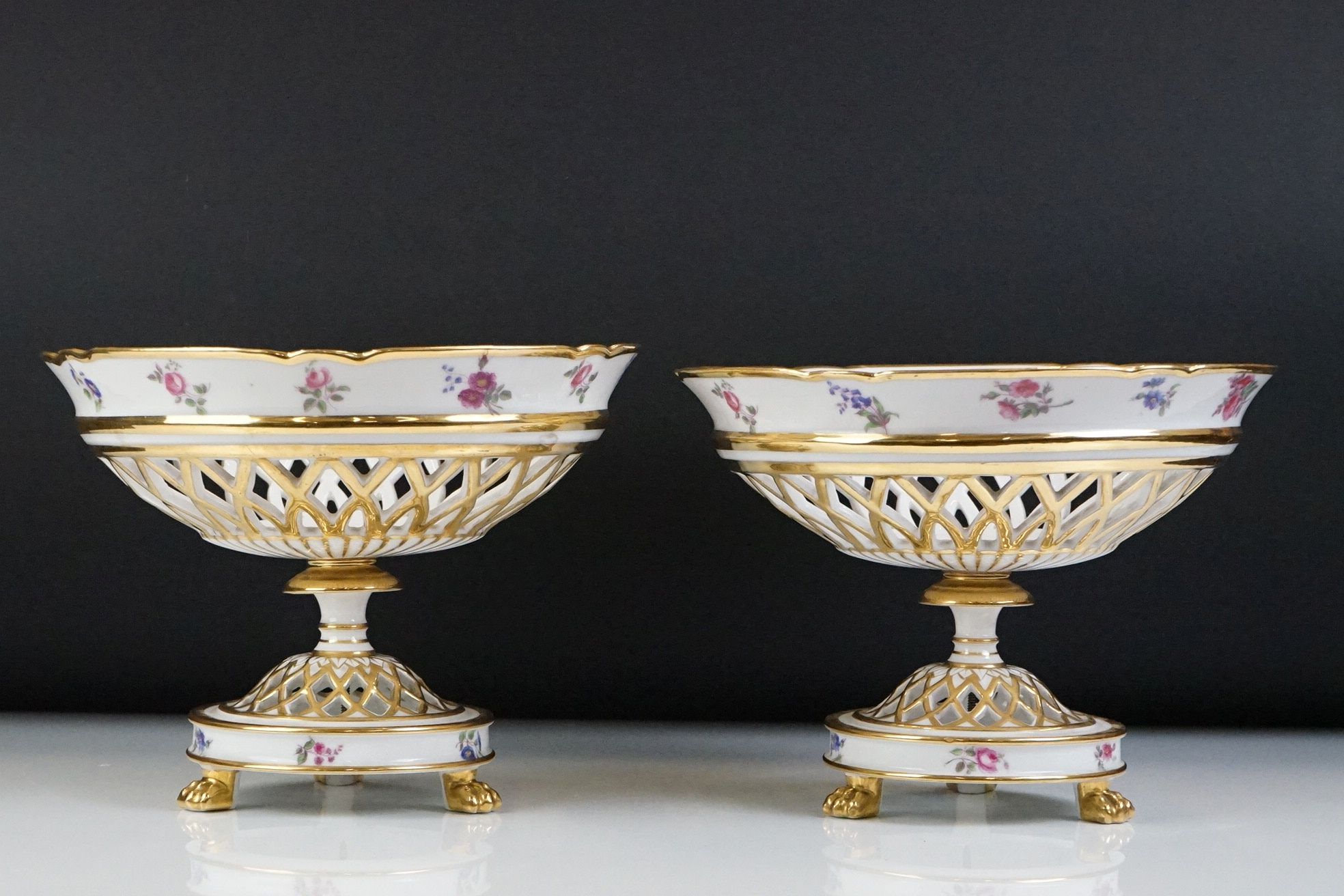 Late 19th / early 20th century pair of Continental porcelain pierced comports, with floral and