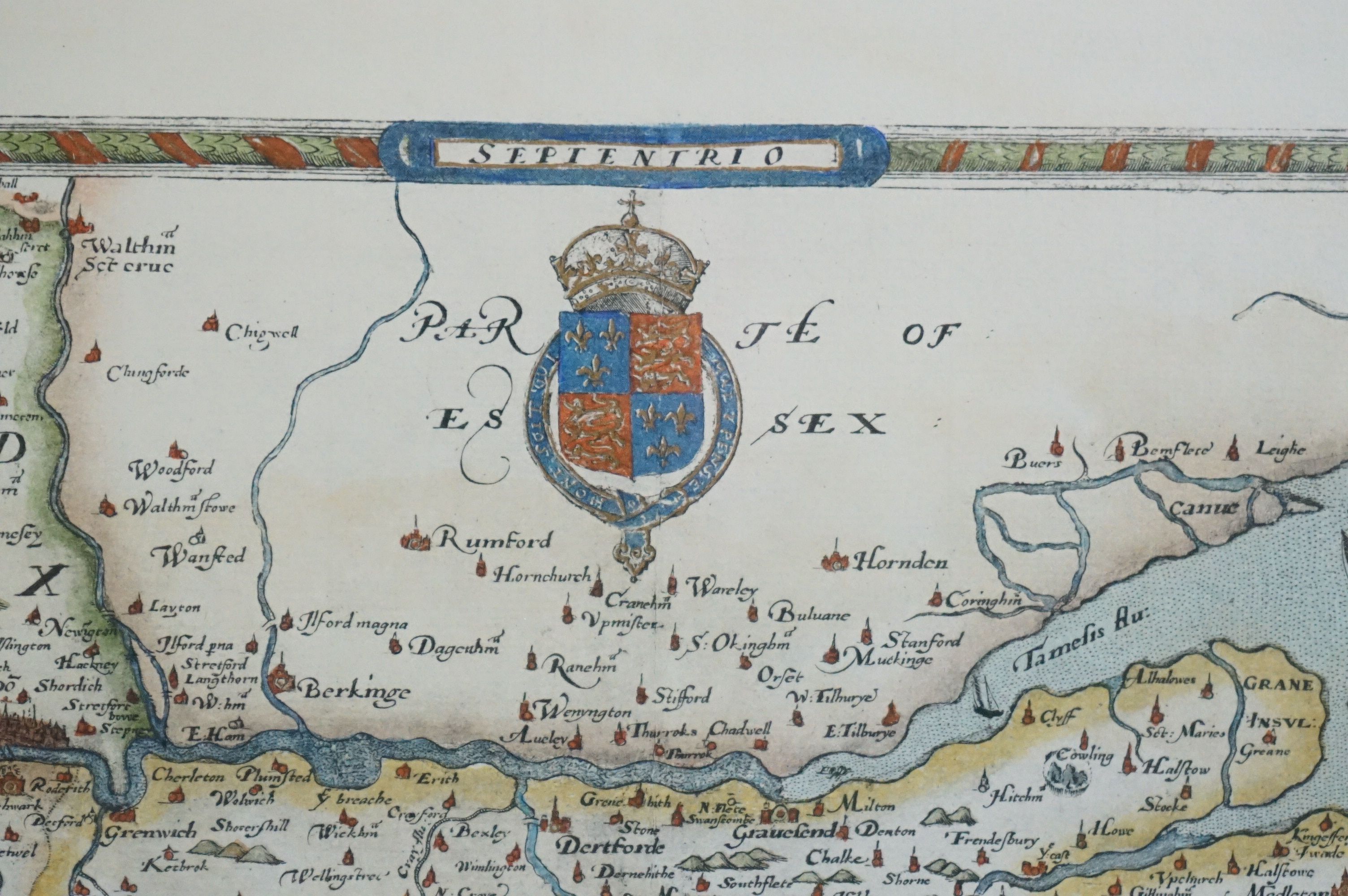 Reproduction Coloured Saxton's Map of Kent, Surrey and Middlesex 1573, 47cm x 61cm, framed and - Image 2 of 11