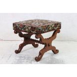 19th century Square Dressing Stool with Needlework Upholstered Top and Mahogany Scrolling Carved