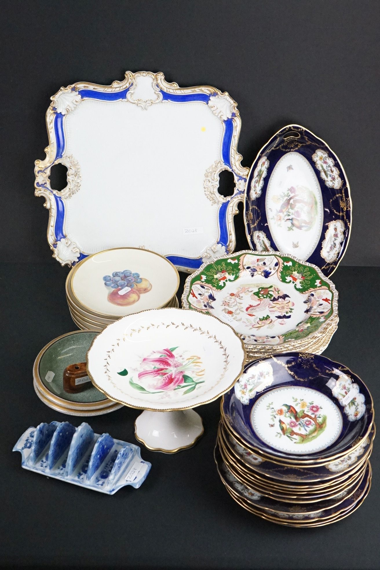 Mixed ceramics to include a Meissen twin-handled cabaret tray with blue glazed decoration, 39cm