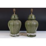 Pair of Green Glazed Baluster-shaped Table Lamps with moulded basket weave pattern, 40cm high with