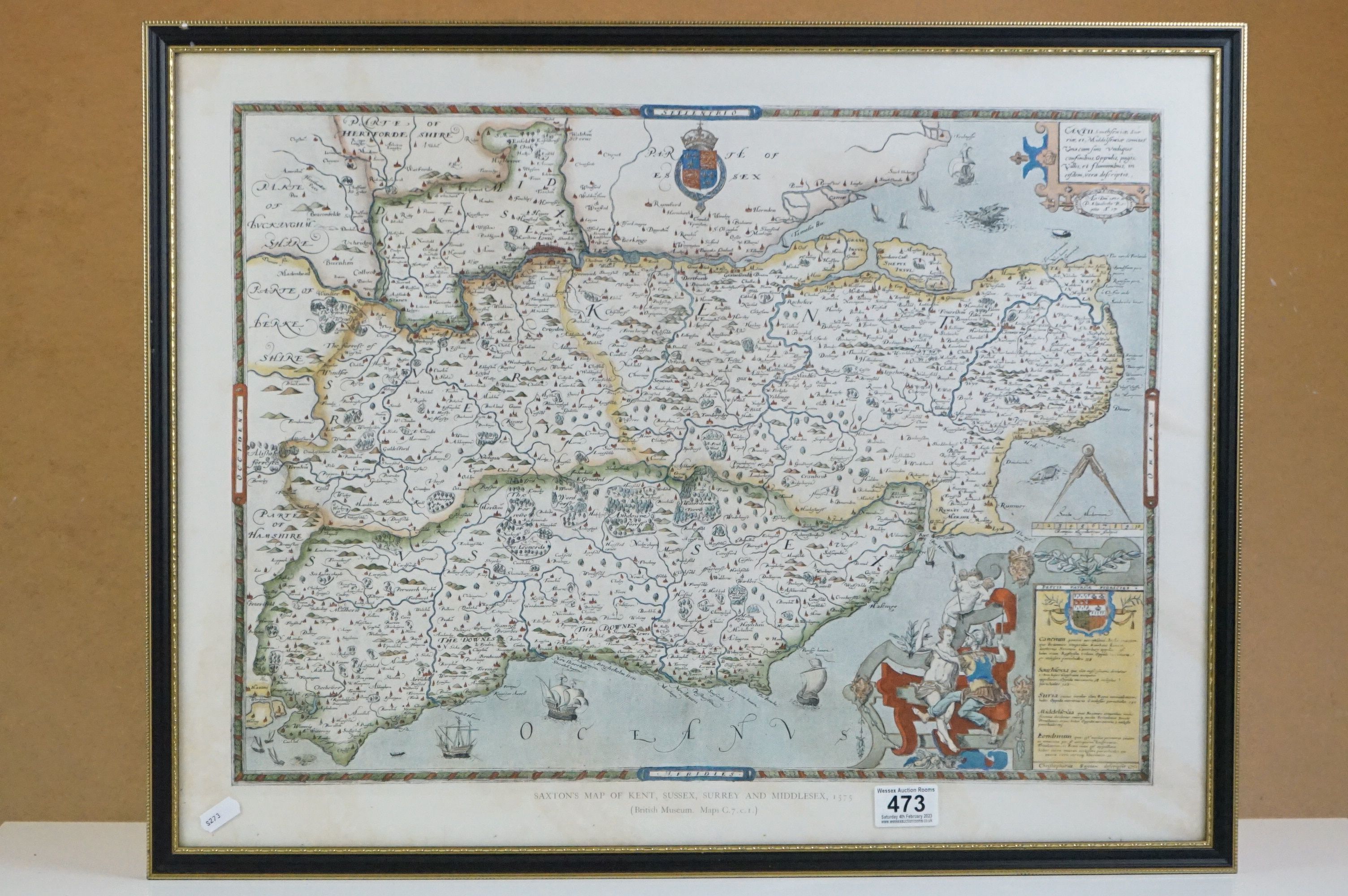 Reproduction Coloured Saxton's Map of Kent, Surrey and Middlesex 1573, 47cm x 61cm, framed and