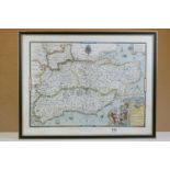 Reproduction Coloured Saxton's Map of Kent, Surrey and Middlesex 1573, 47cm x 61cm, framed and