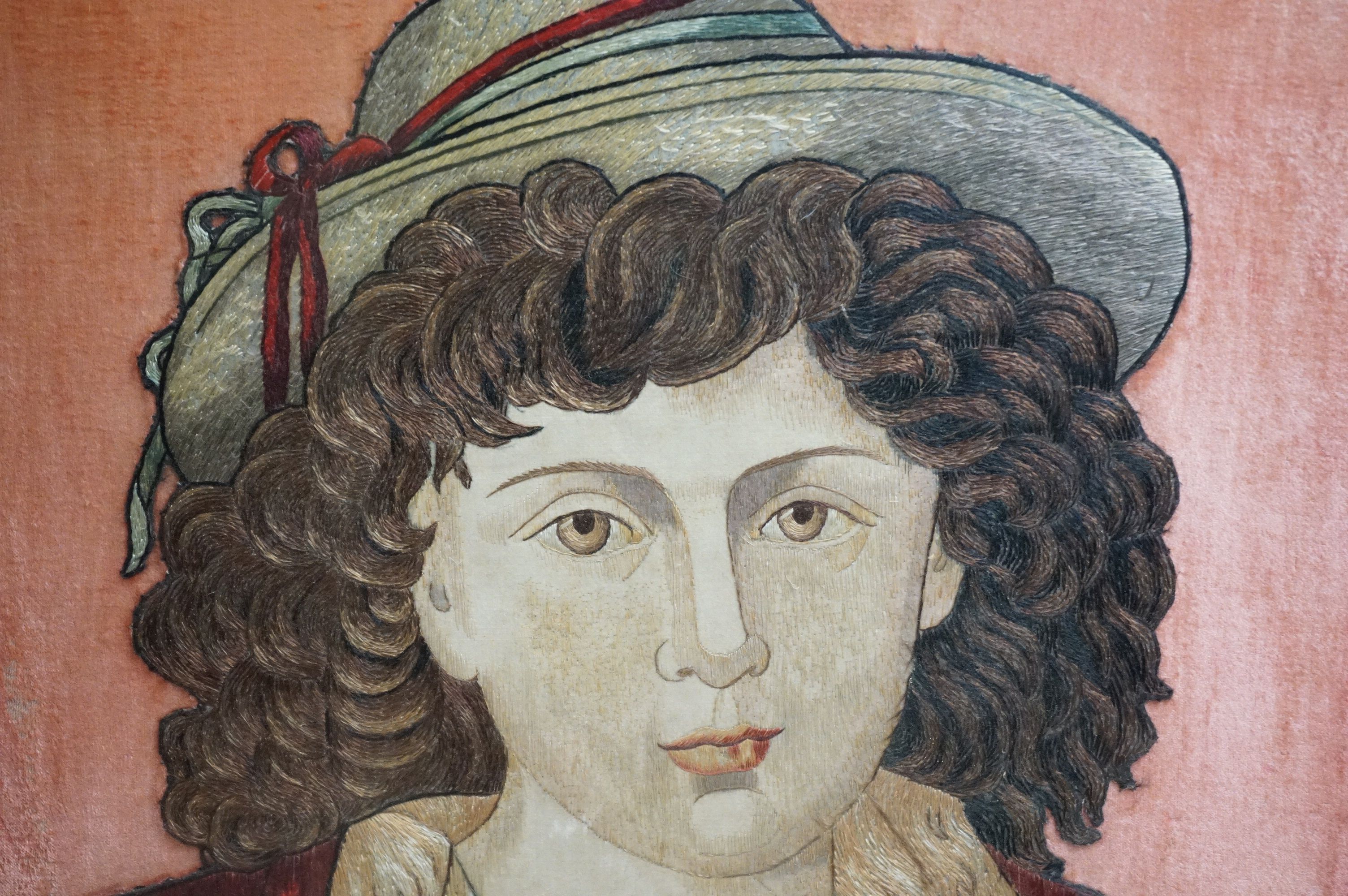 19th century Needlework on Silk of Figure wearing a Hat, 52cm x 37cm, gilt framed and glazed - Image 3 of 4