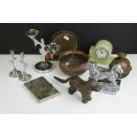 A box of mixed collectables to include a pair of Sealyham Terrier bookends, candlesticks,