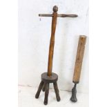 Antique Wooden Wash Dolly, 93cm high together with an Antique Cast Iron Shoe Last on Turned Wooden