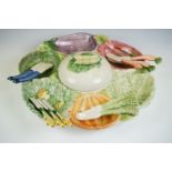 Portuguese style Pottery Leaf Hors d'oeuvres Dish, 36cm diameter together with Eleven Pottery Knives