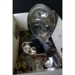 A collection of mixed silver plate to include cutlery / flatware, tray, bottle basket,