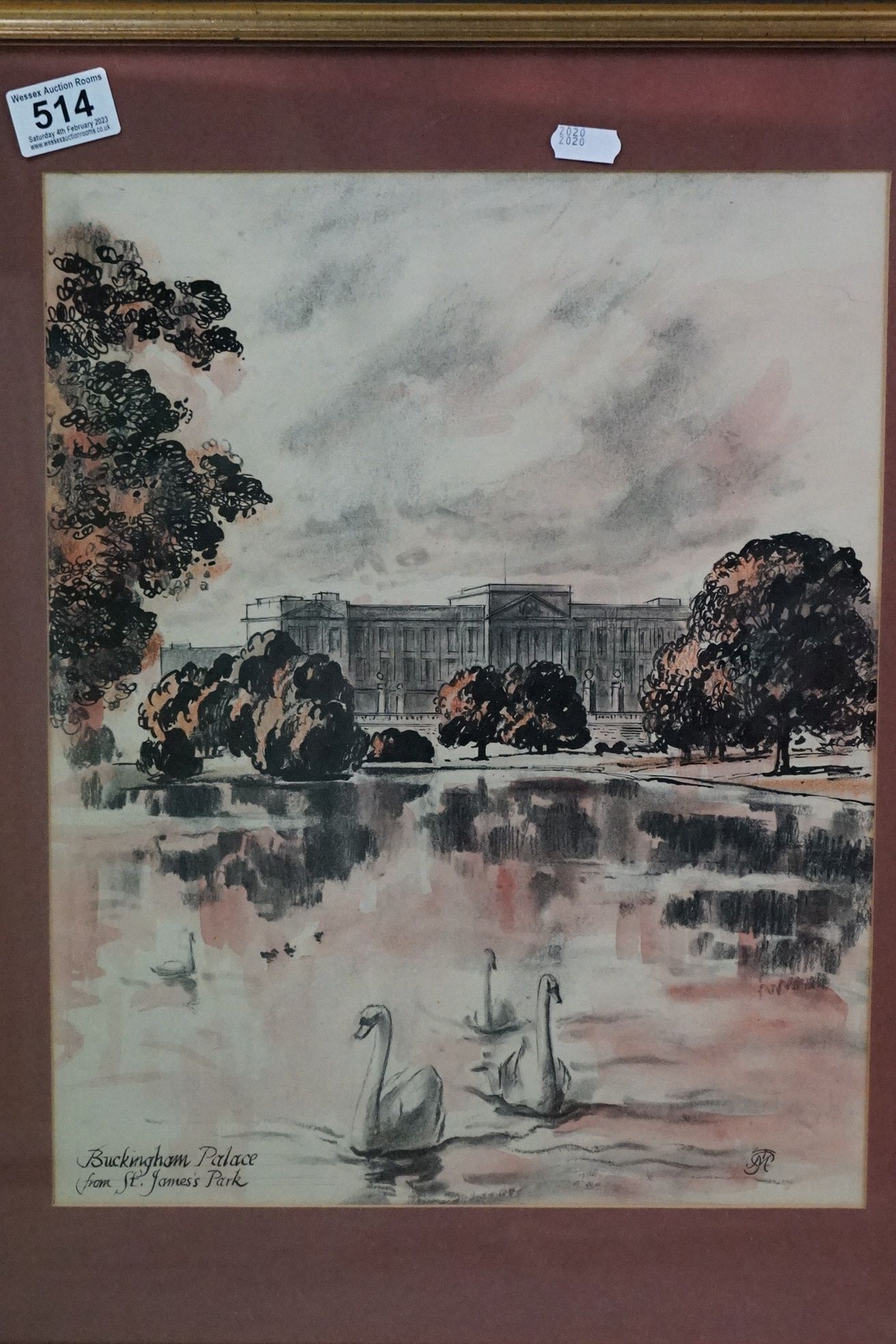 Pair of 20th century Watercolours of St James's Palace and Buckingham Palace from St James's Park - Image 2 of 3