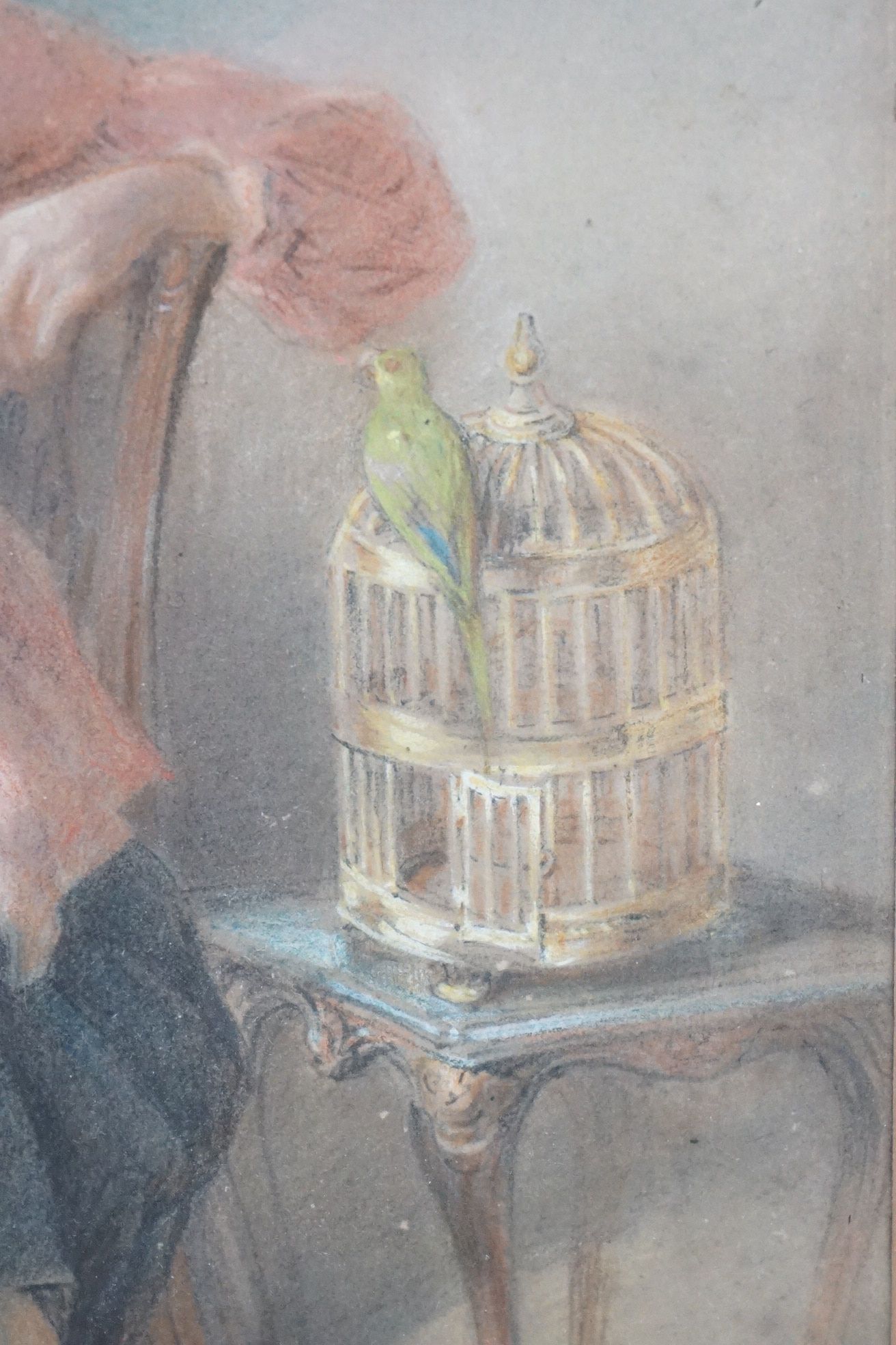 Pastel of a Seated 19th century Lady with a parrot sat on a bird cage, indistinctly signed lower - Image 4 of 10