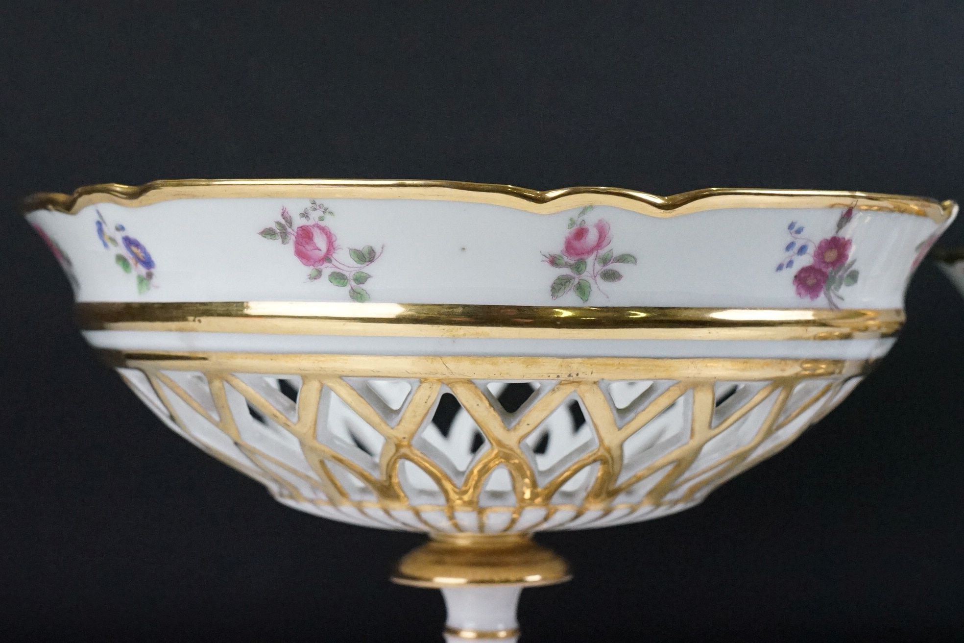 Late 19th / early 20th century pair of Continental porcelain pierced comports, with floral and - Image 4 of 7