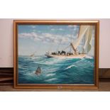 Geoffrey Raymond (20th century) Oil Painting on Board of Figures on a Sailing Boat, signed lower