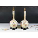 Pair of 19th century continental porcelain bottle vases converted to table lamps, with hand