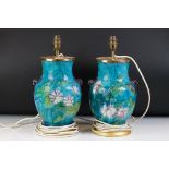 Pair of Majolica-style table lamps of baluster form, with relief lion masks, floral and