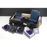 28 Bristol Blue glass paperweights to include 11 boxed examples, featuring commemorative, Concorde