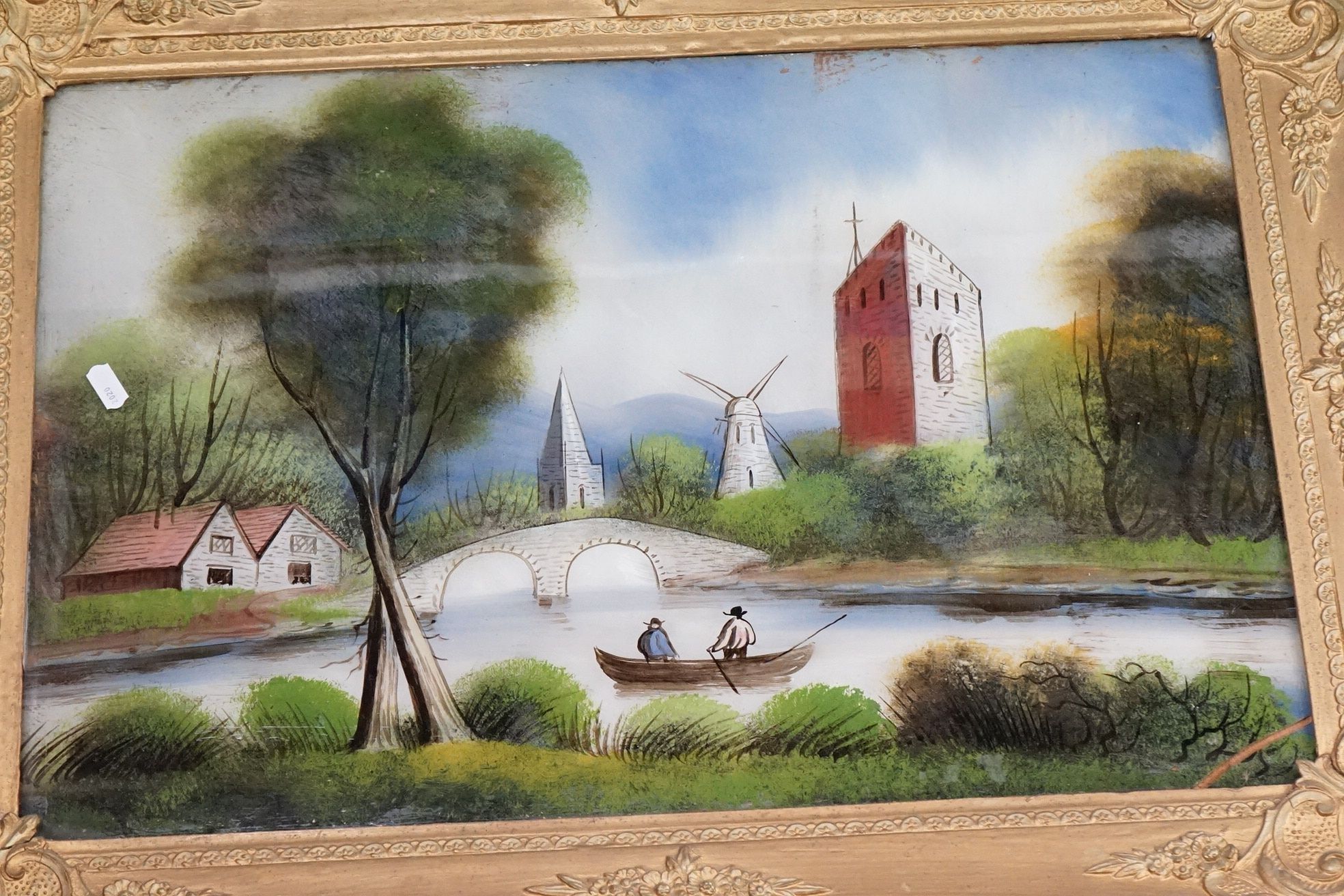 Six Victorian Reverse Painted Glass Landscape Pictures, largest 40cm x 60cm, all framed - Image 6 of 7