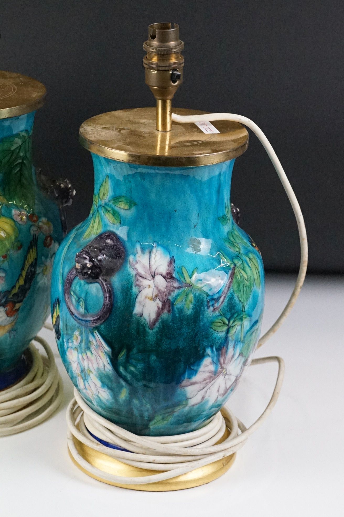 Pair of Majolica-style table lamps of baluster form, with relief lion masks, floral and - Image 4 of 9