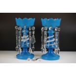 Pair of Late 19th / Early 20th century Blue Glass Table Lustres with an applied white glass swirling