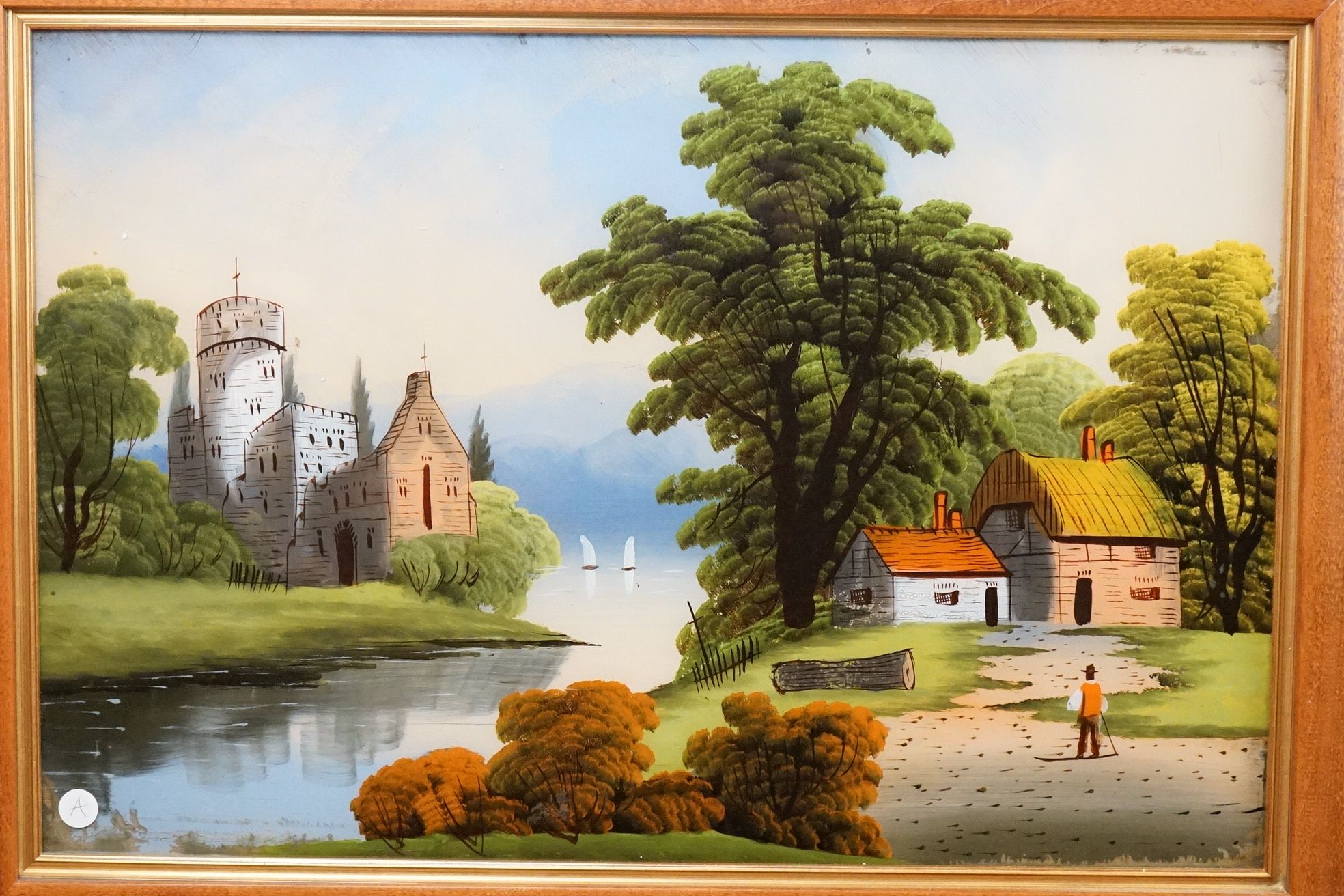 Six Victorian Reverse Painted Glass Landscape Pictures, largest 40cm x 60cm, all framed - Image 2 of 7