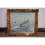 Geoffrey Raymond (20th century) Oil Painting on Board of a Battleship and Helicopter, signed lower