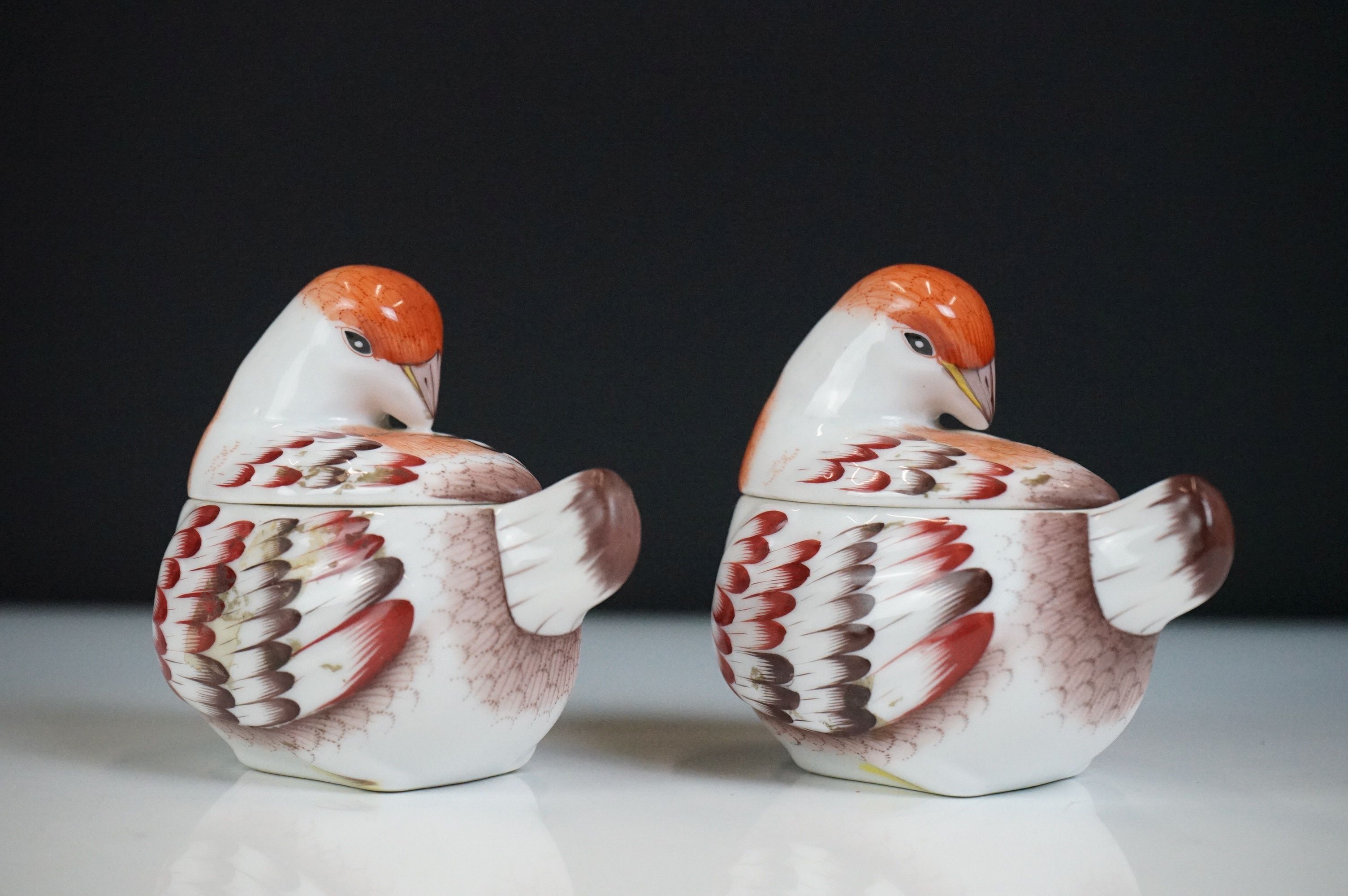 Herend porcelain group of Two Hares, orange pattern 14cm high together with a Pair of Herend Trinket - Image 5 of 7