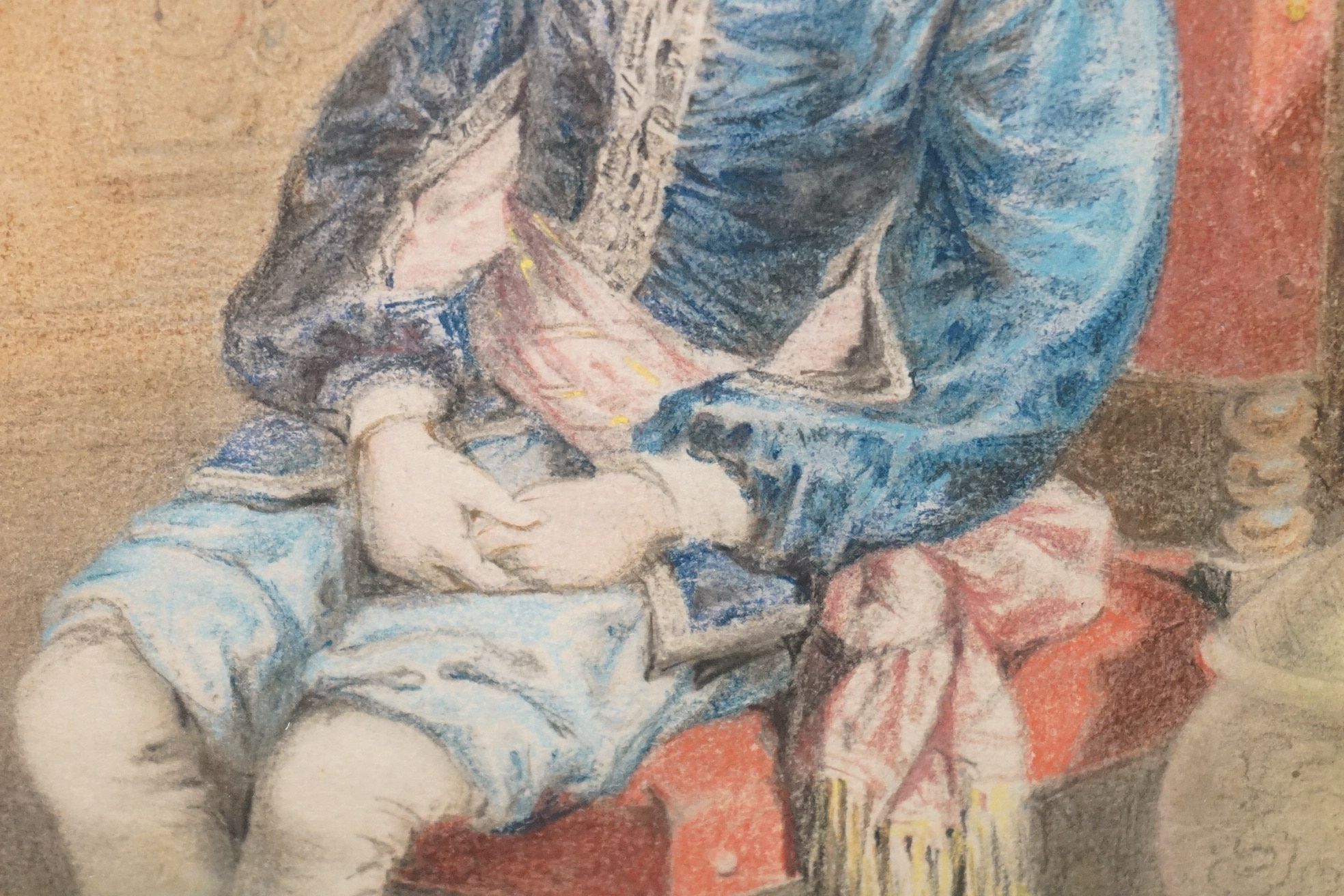 Pastel of a Seated 19th century Lady with a parrot sat on a bird cage, indistinctly signed lower - Image 7 of 10