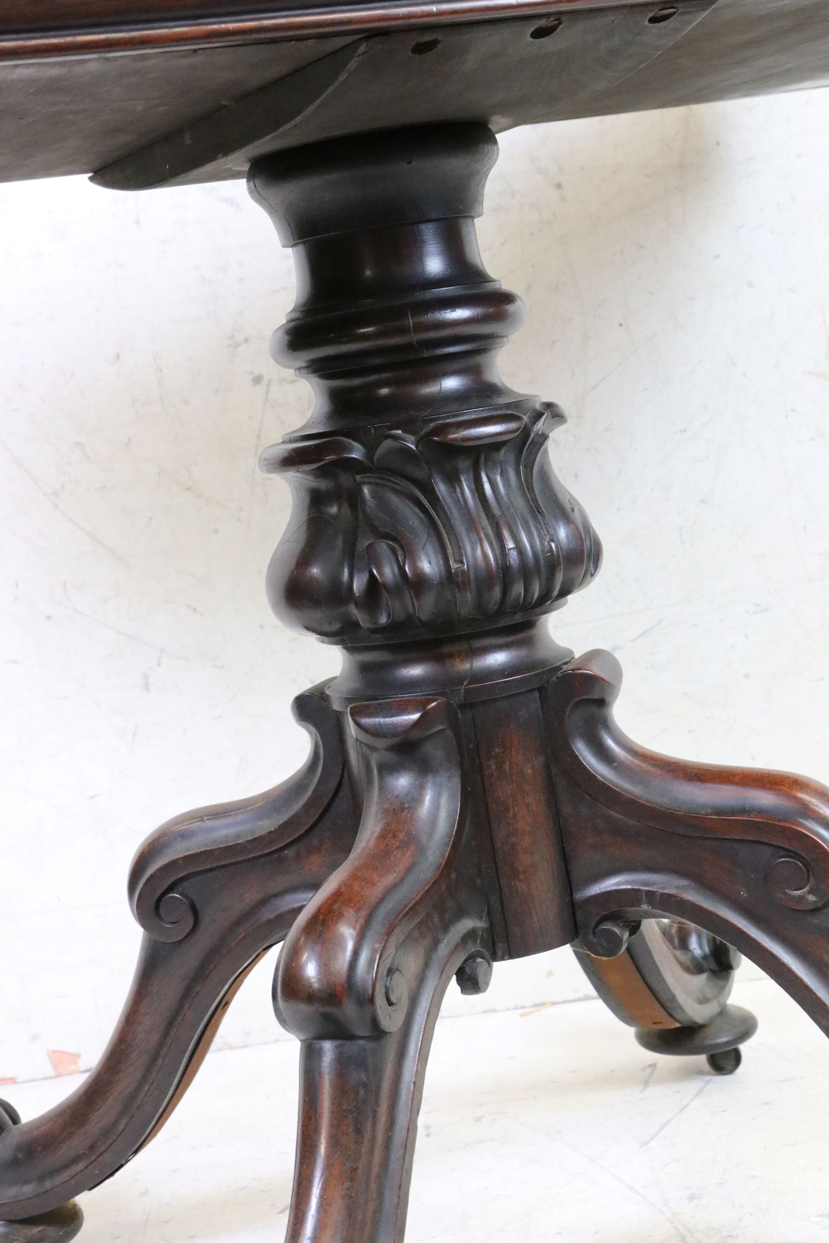 19th century Rosewood Fold over Tea Table raised on a bulbous carved pedestal support with four - Image 6 of 7
